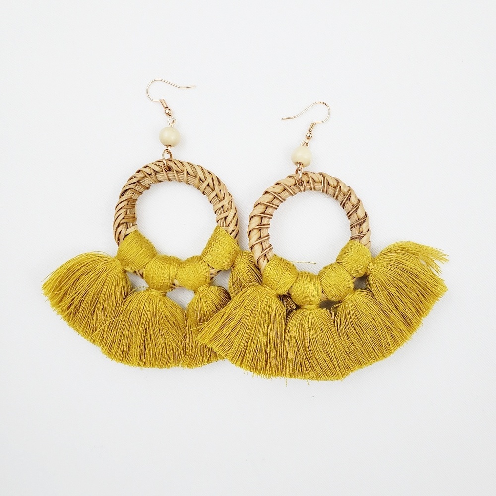 Circle Rattan Tassel Earrings - Picture 3 of 3